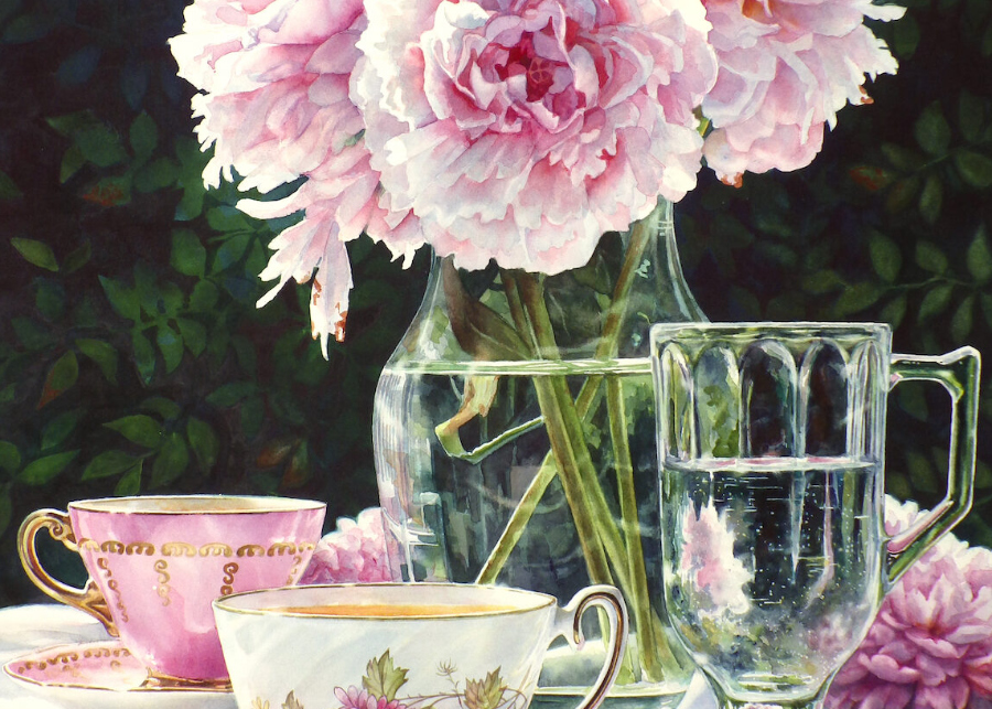 still life watercolor painting by Lana Privitera showing a vase full of peonies and two cups of chamomile tea