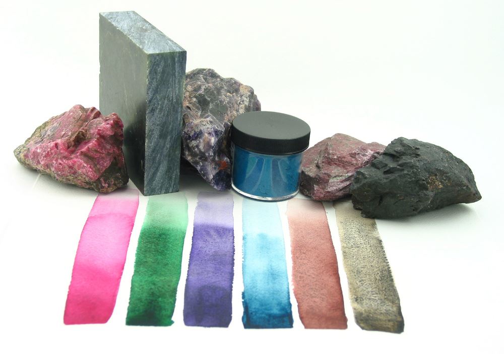 test strips of six watercolor paints and their corresponding pigment minerals