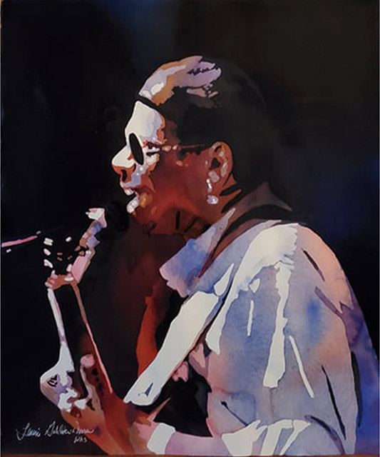 poured watercolor painting of a blues guitarist by Laurie Goldtein-Warren