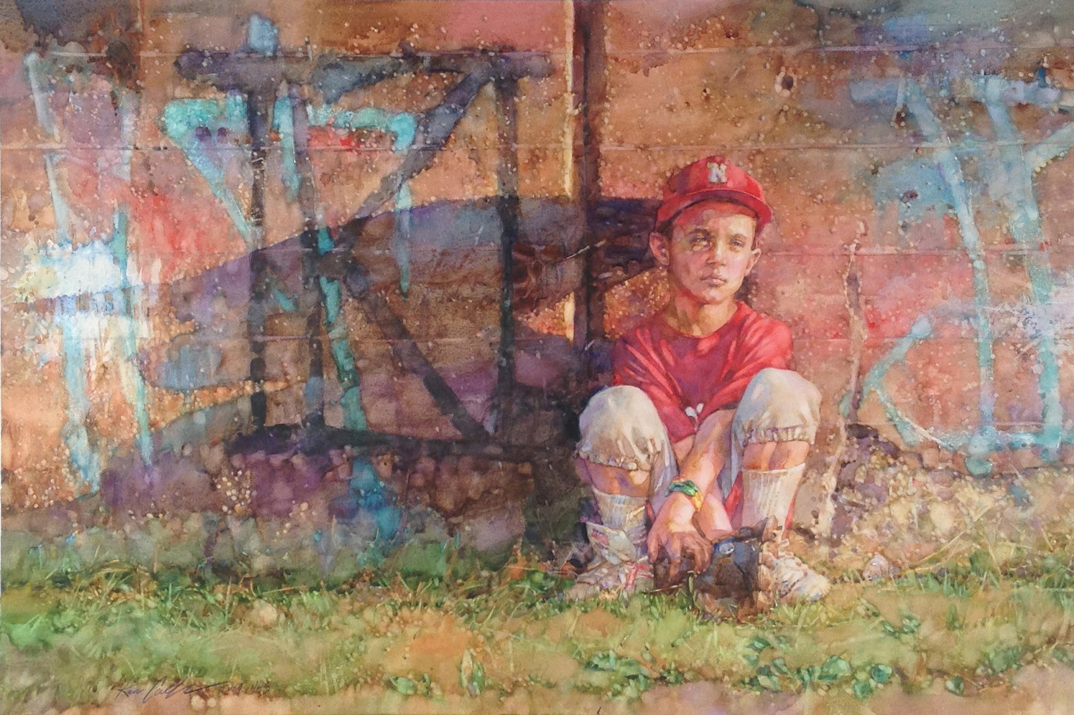 watercolor painting of a boy baseball player