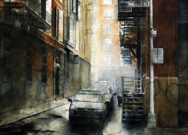 painting of a back street in New York City