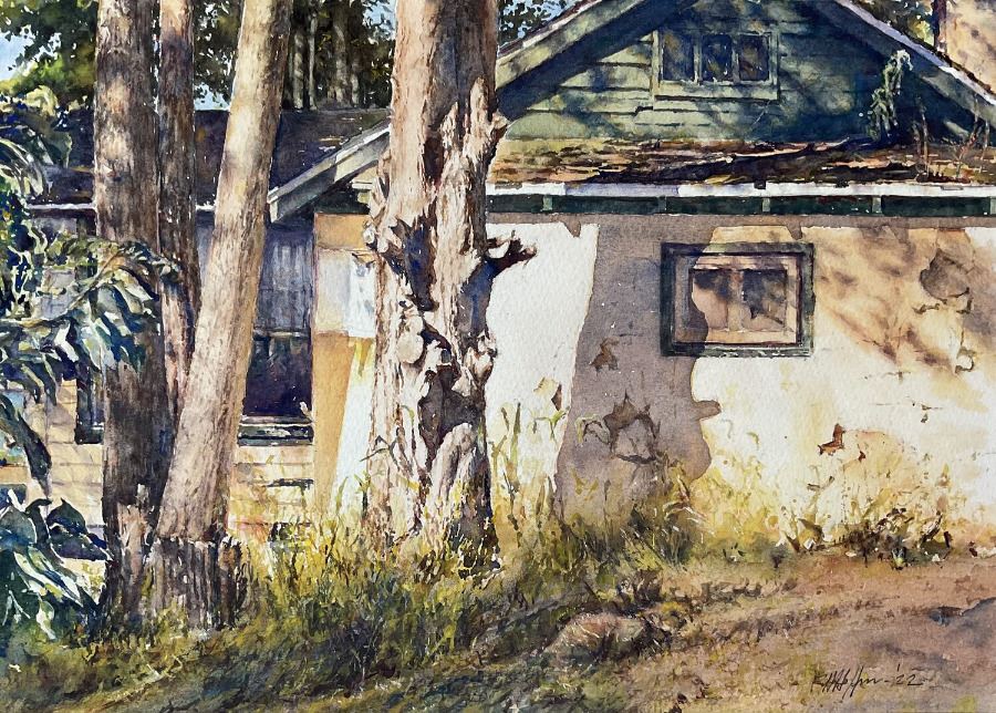 watercolor painting of an old house