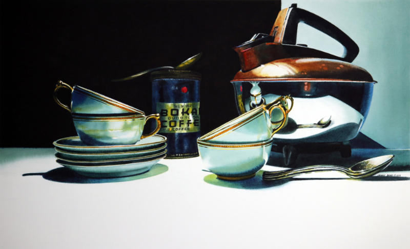 watercolor still life by Denny Bond showing coffee cups and a kettle