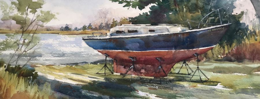 watercolor painting of a sailboat hauled onto land by Yvonne Mucci