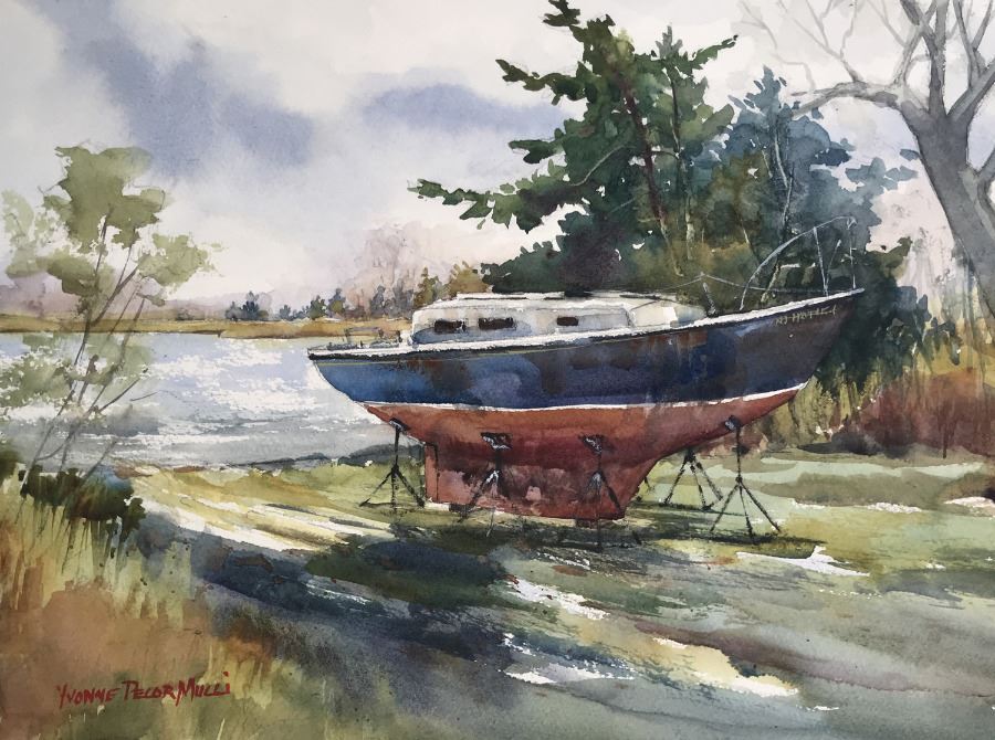 watercolor painting by Yvonne Mucci of a sailboat hauled onto land for the winter